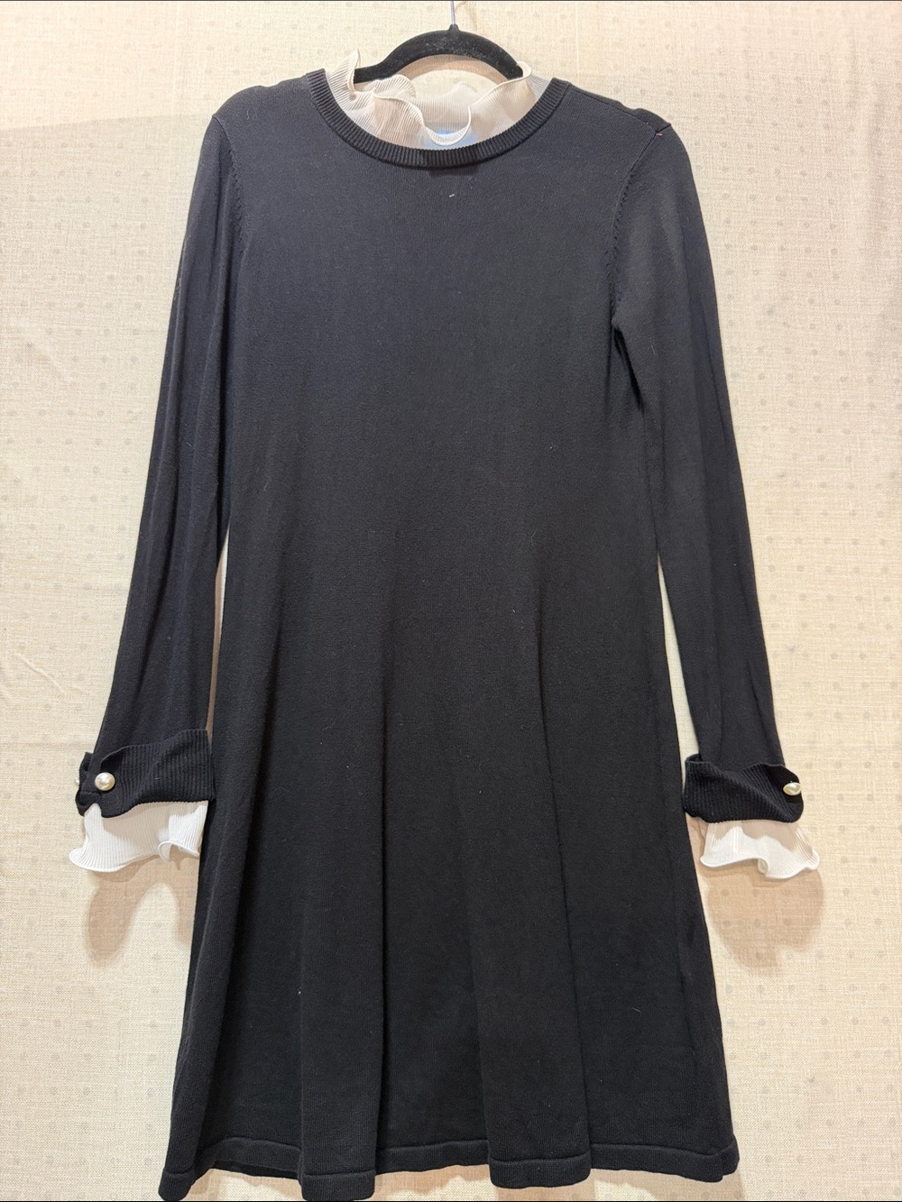 CeCe Black Long-Sleeve A-Line Dress with White Ruffle Trim